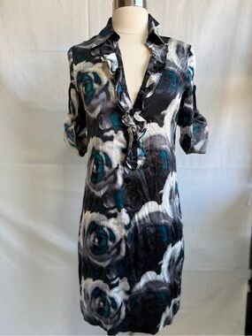 Express Black, White and Teal Abstract Ruffle-Front Midi Dress